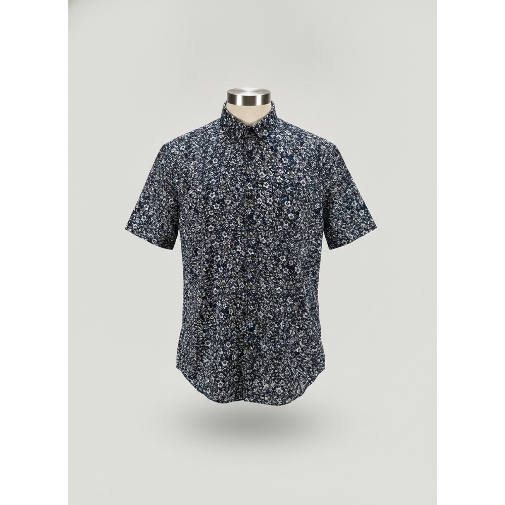 Monument Mens Floral Button Down Shirt Navy Blue Short Sleeve Cotton Size M